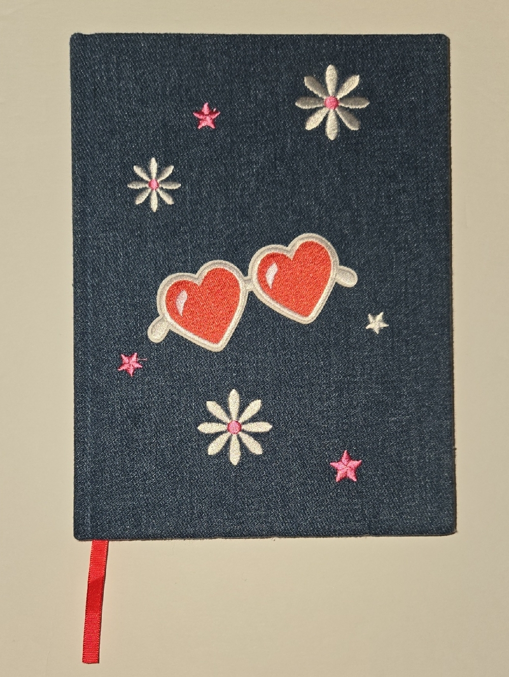 Denim Blue Embroidered Flair Red And White Journal